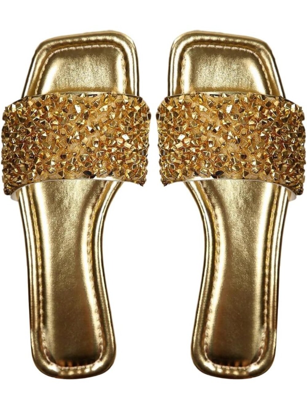 🆕 Women's Gold Rhinestone Crystal Slide Sandals Open Toe Flat Slippers Shoes